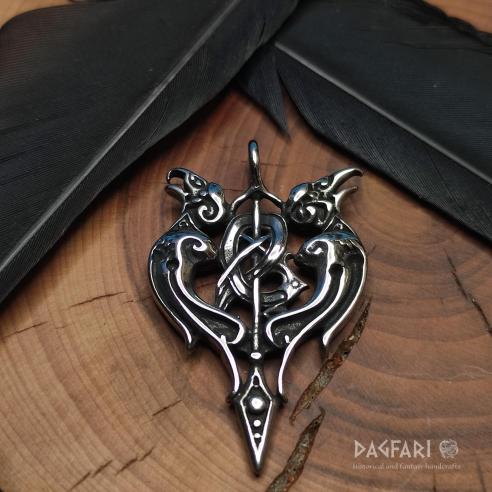 ODIN, HUGINN, MUNINN, GUNGNIR - Nordisches Amulett mit Raben, Zöpfen und Speer