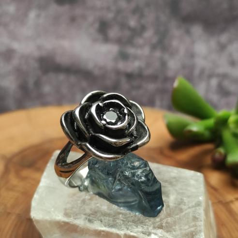 Steel ring BLACK ROSE - with black cubic zirconia