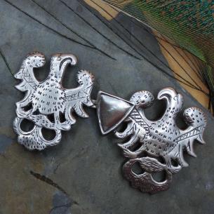 AQUILA Postříbřená středověká brož s orlicemi a štítem - replika plášťové spony