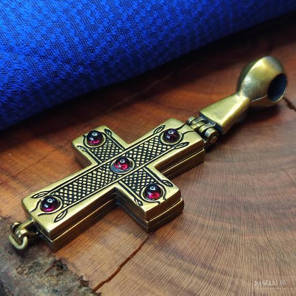 SAINT GEORGE Byzantine cross enkolpion, reliquary, replica of a two-part cross