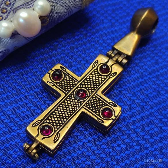 SAINT GEORGE Byzantine cross enkolpion, reliquary, replica of a two-part cross