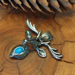 BIG DEER pendant with antler, turquoise, surgical steel
