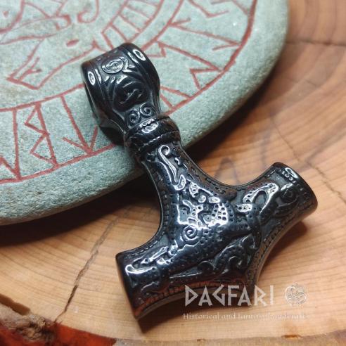 BLACK MIDGARDSORMR schwarzer Stahl Thors Hammer mit Wikinger Schlangen Ornament