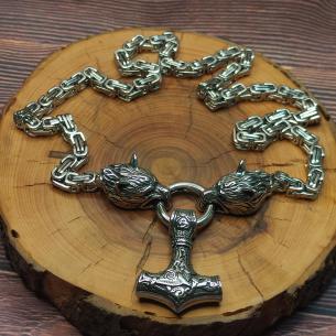 KNIT VLK náhrdelník s koncovkami VLČÍ HLAVY - masivní ocelový řetízek 70 cm