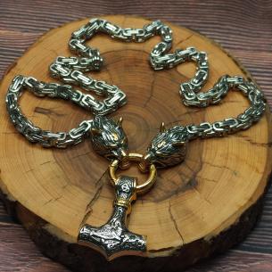 KNIT ,,GOLD" severský náhrdelník s koncovkami VLČÍ HLAVY - ocelový řetízek 70 cm 2