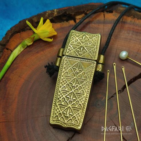 Brass NEEDLE CASE Fleur-de-lis - metal SEWING PIN BOX case for needles and pins, High Middle Ages replica