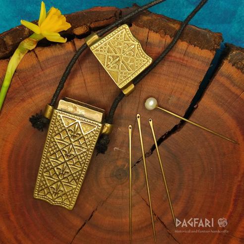 Brass NEEDLE CASE Fleur-de-lis - metal SEWING PIN BOX case for needles and pins, High Middle Ages replica