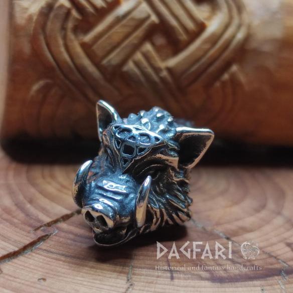 Amulett Schwein HOGFATHER - Talisman Wildschweinkopf mit Hauern und Dreizack