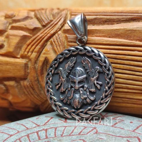 Double-sided talisman ODIN WITH RAVENS AND VALKNUT - surgical steel