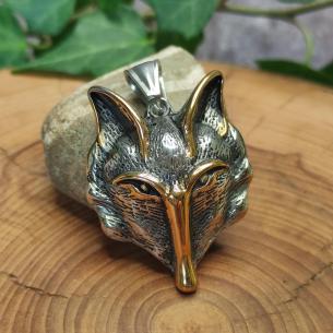Ocelový přívěsek IRON FOX - amulet moudrá liška, zlacené kontury