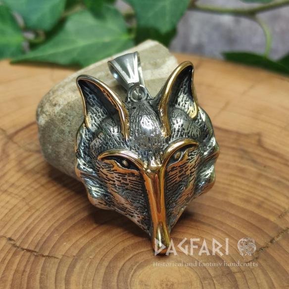 IRON FOX steel pendant - wise fox amulet, gilded contours