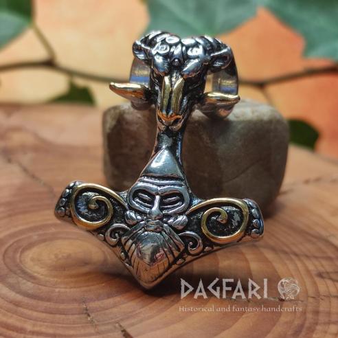 Viking Anhänger Thor's Hammer THOR UND DER BOCK, doppelseitig, mit vergoldeten Elementen, Symbol Odins