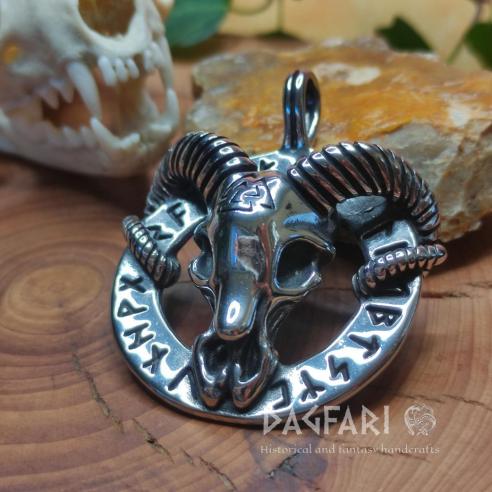 Anhänger RUNENKREIS mit Ziegenbock, Totenkopf und Valknut – Symbol Odins