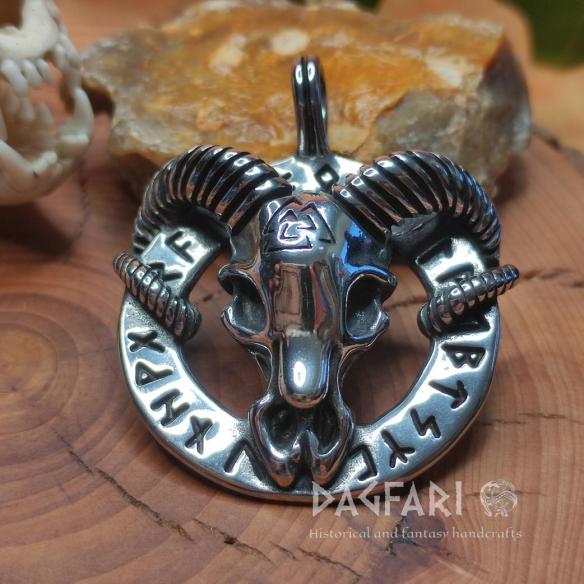 Anhänger RUNENKREIS mit Ziegenbock, Totenkopf und Valknut – Symbol Odins