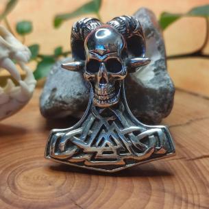 Přívěsek oboustranný Thorovo kladivo LEBKA S ROHY A VALKNUT, symbol Odina