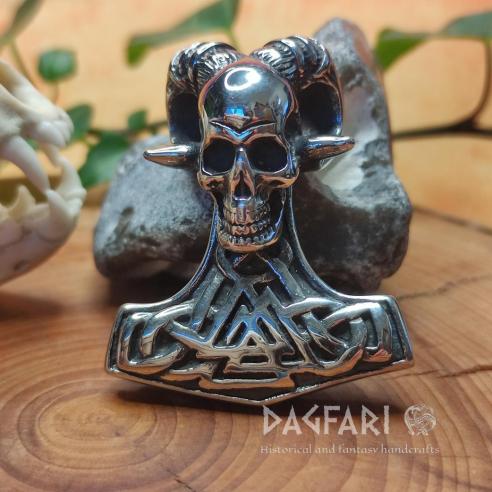 Doppelseitiger Anhänger Thors Hammer SCHÄDEL MIT HÖRNERN UND VALKNUT, Symbol Odins