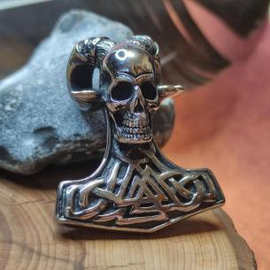 Přívěsek oboustranný Thorovo kladivo LEBKA S ROHY A VALKNUT, symbol Odina 2