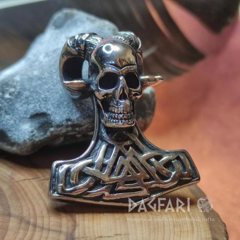 Doppelseitiger Anhänger Thors Hammer SCHÄDEL MIT HÖRNERN UND VALKNUT, Symbol Odins