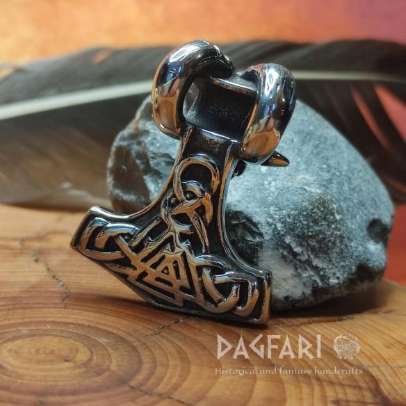 Doppelseitiger Anhänger Thors Hammer SCHÄDEL MIT HÖRNERN UND VALKNUT, Symbol Odins