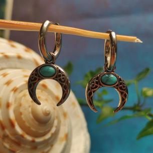 Stahlohrringe LUNETTE – Halbmond mit Türkis und Geflecht
