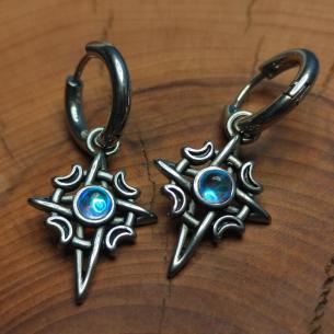 Steel Earrings STAR - celestial symbols of the moon and stars with a blue stone