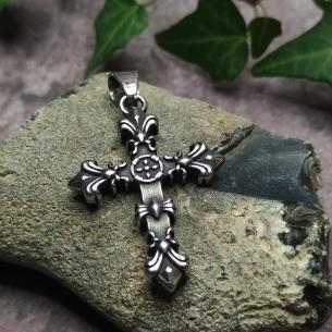 Edelstahl-ALTES KREUZ – doppelseitiges Kreuz mit Lilien und historischen Motiven 2