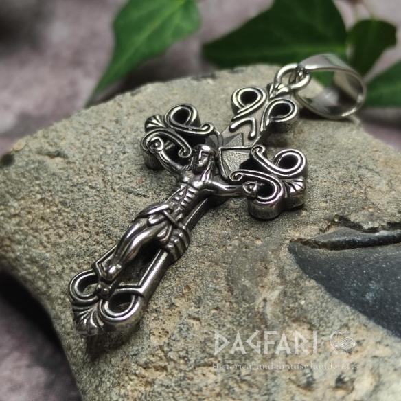 Steel Cross Pendant with Jesus - a cross in a historical design, blackened, unisex