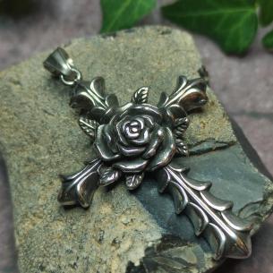 Large Steel Cross Pendant with a Black Rose - A Gift Idea for Female Motorcyclists