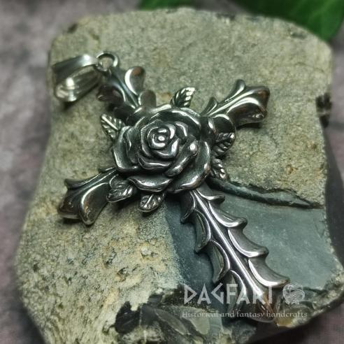 Großer Stahlanhänger „KREUZ MIT SCHWARZER ROSE“ – Geschenkidee für Motorradfahrerinnen