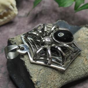Large SPIDER Pendant with a Spider Web and a Large Black Stone - Spider Medallion