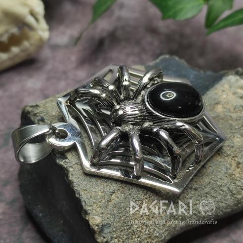 Large SPIDER Pendant with a Spider Web and a Large Black Stone - Spider Medallion