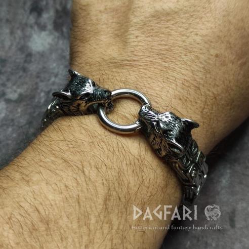 WOLF HEAD Bracelet - wide steel bracelet, 2 rows of chain