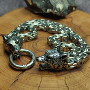 WOLF HEAD Bracelet - wide steel bracelet, 2 rows of chain 2