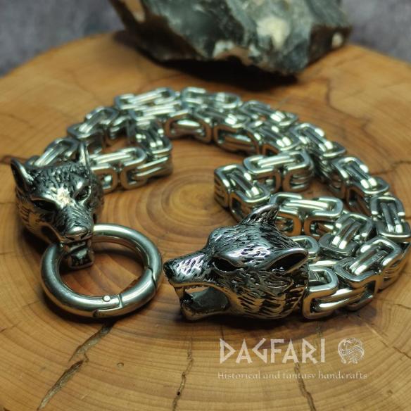 WOLF HEAD Bracelet - wide steel bracelet, 2 rows of chain
