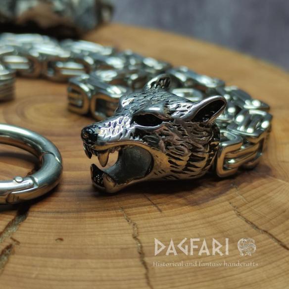 WOLF HEAD Bracelet - wide steel bracelet, 2 rows of chain