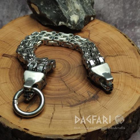 WOLF HEAD Bracelet - wide steel bracelet, 2 rows of chain