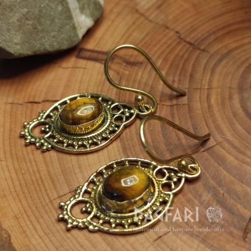 Oval openwork oriental/ethnic earrings with granulation and semi-precious stones