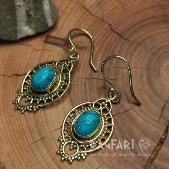 Oval openwork oriental/ethnic earrings with granulation and semi-precious stones