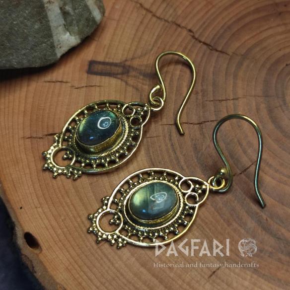 Oval openwork oriental/ethnic earrings with granulation and semi-precious stones
