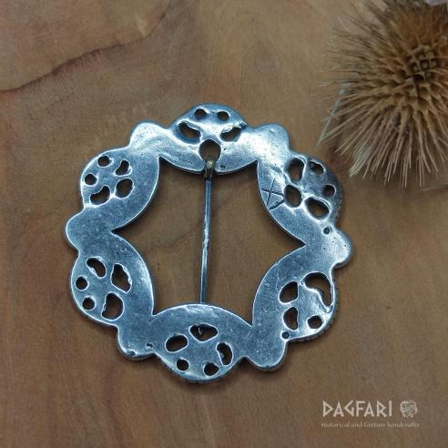 Silver plated decorative annular brooch for medieval clothing, red enamel - Margaret