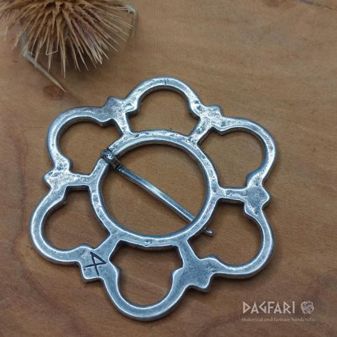 Larger silver plated decorative annular brooch for medieval clothing - Florentine