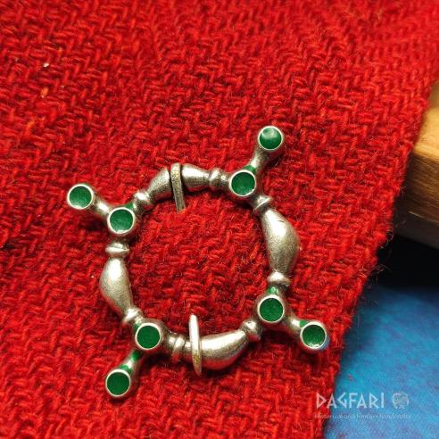 Silver plated decorative tunic brooch, green enamel - Filip