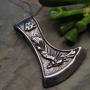 Pendant ODIN'S FRIENDS - steel axe with wolf and raven and valknut 2