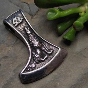 Pendant ODIN'S FRIENDS - steel axe with wolf and raven and valknut