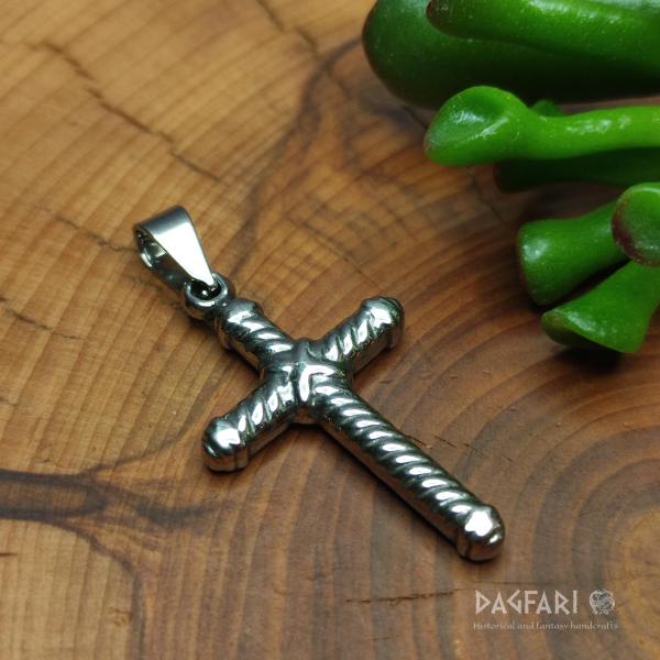 Tied cross, small, twisted look, stainless steel