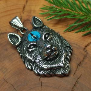 VLČÍ MOUDROST - Přívěsek s vlkem, Modré třetí oko, nerezová ocel