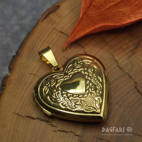 ♡ ROMANTIC HEART - Opening medallion for photo, decorated, golden colour