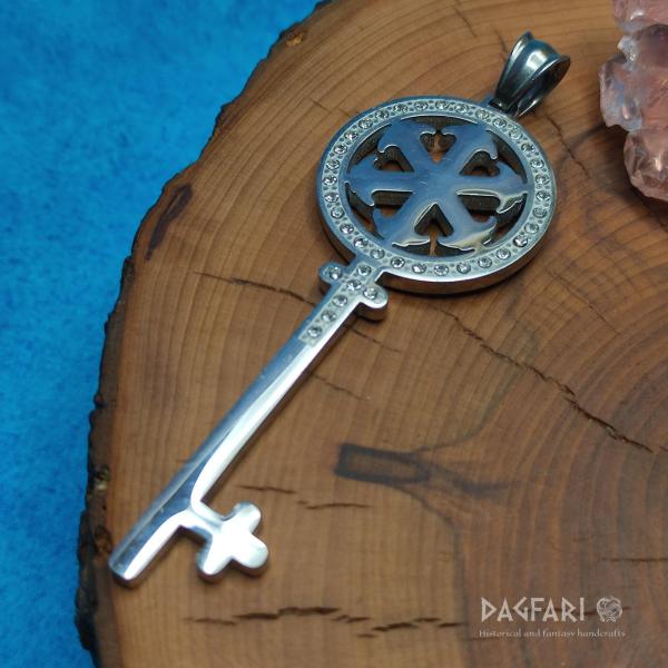 Pendant KEY - mirror shine, zircons, surgical steel